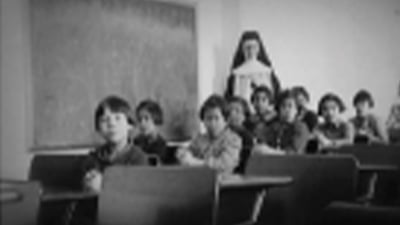 black and white photograph of classroom