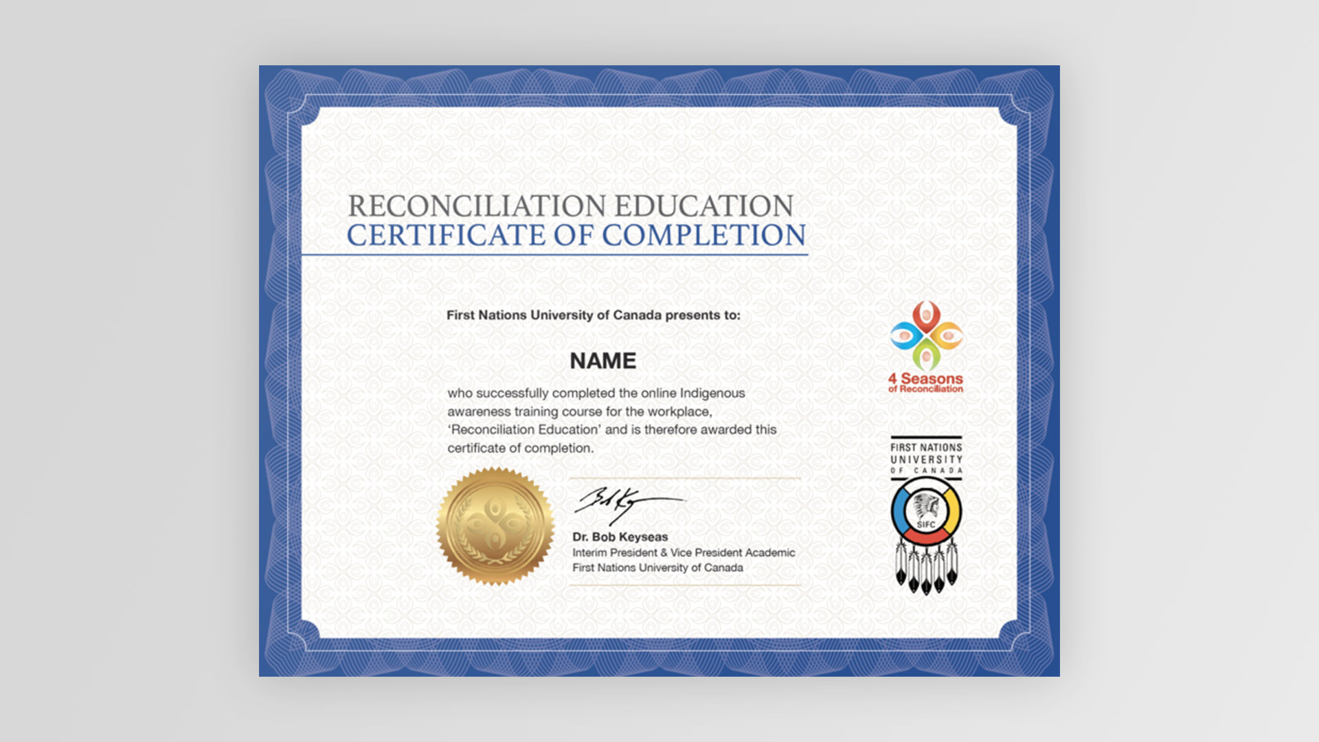 Reconciliation Education Certificate of Completion sample document